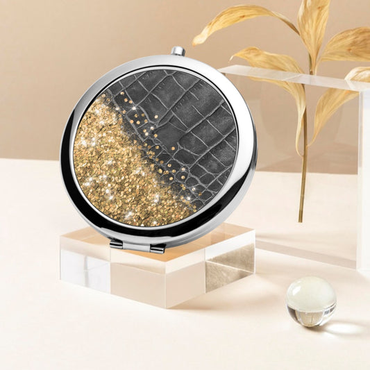 Gold Glitter & Black Leather | Compact Mirror - Kim’s Signature Beauty & Accessories    