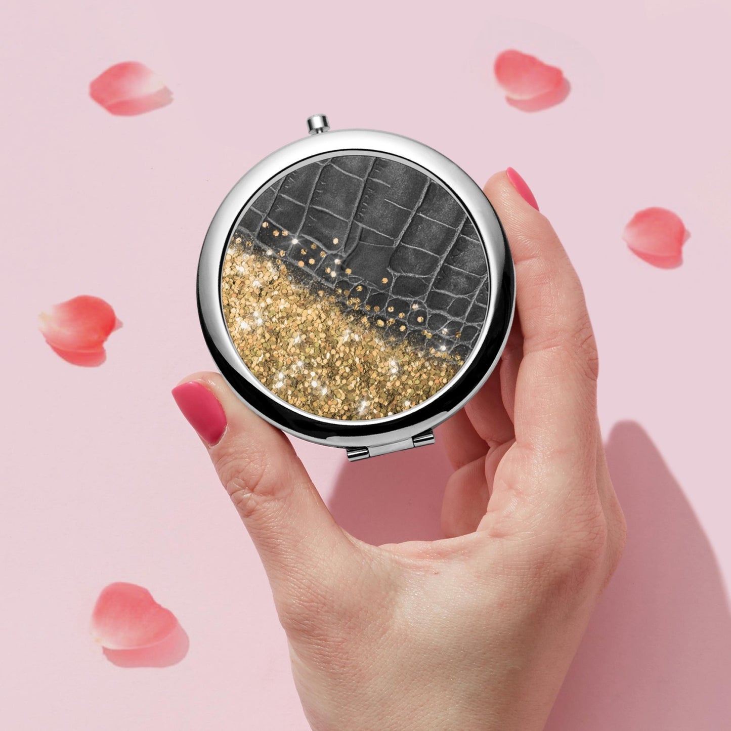 Gold Glitter & Black Leather | Compact Mirror - Kim’s Signature Beauty & Accessories    