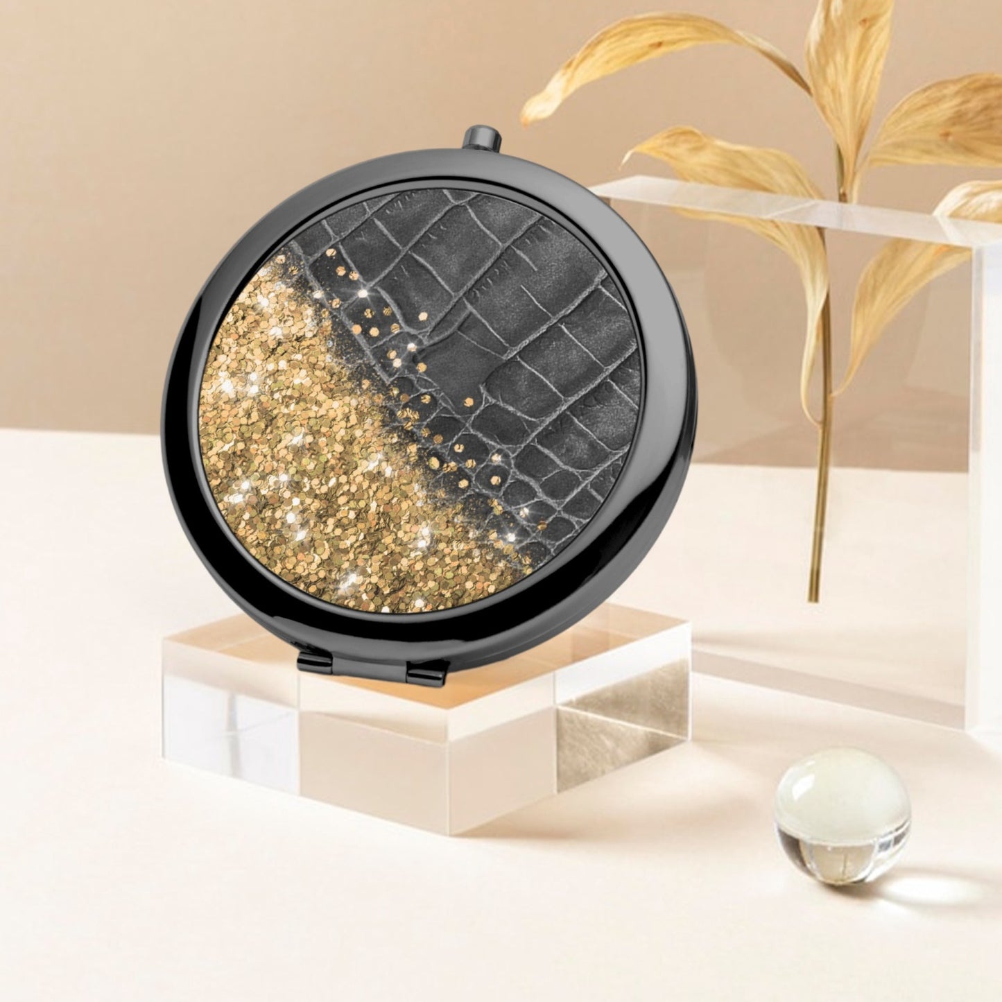 Gold Glitter & Black Leather | Compact Mirror - Kim’s Signature Beauty & Accessories    