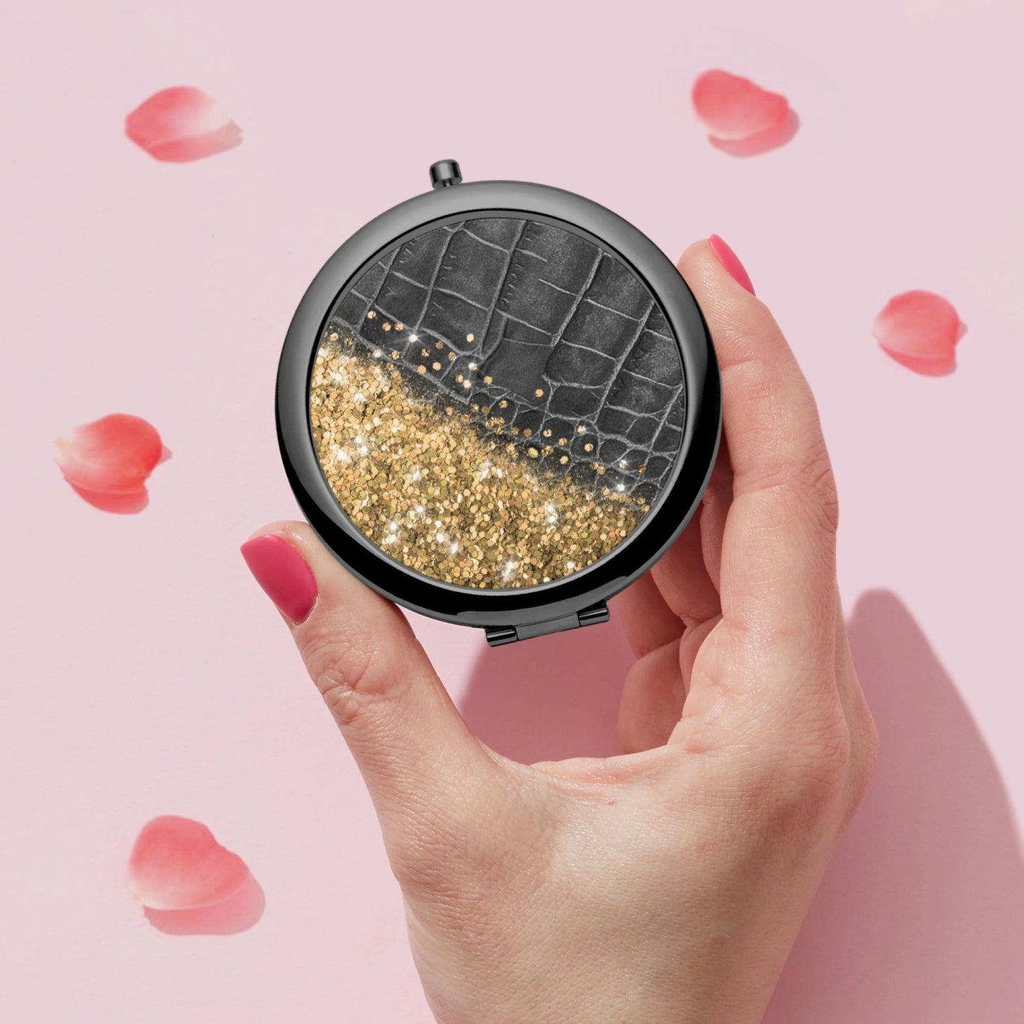 Gold Glitter & Black Leather | Compact Mirror - Kim’s Signature Beauty & Accessories    