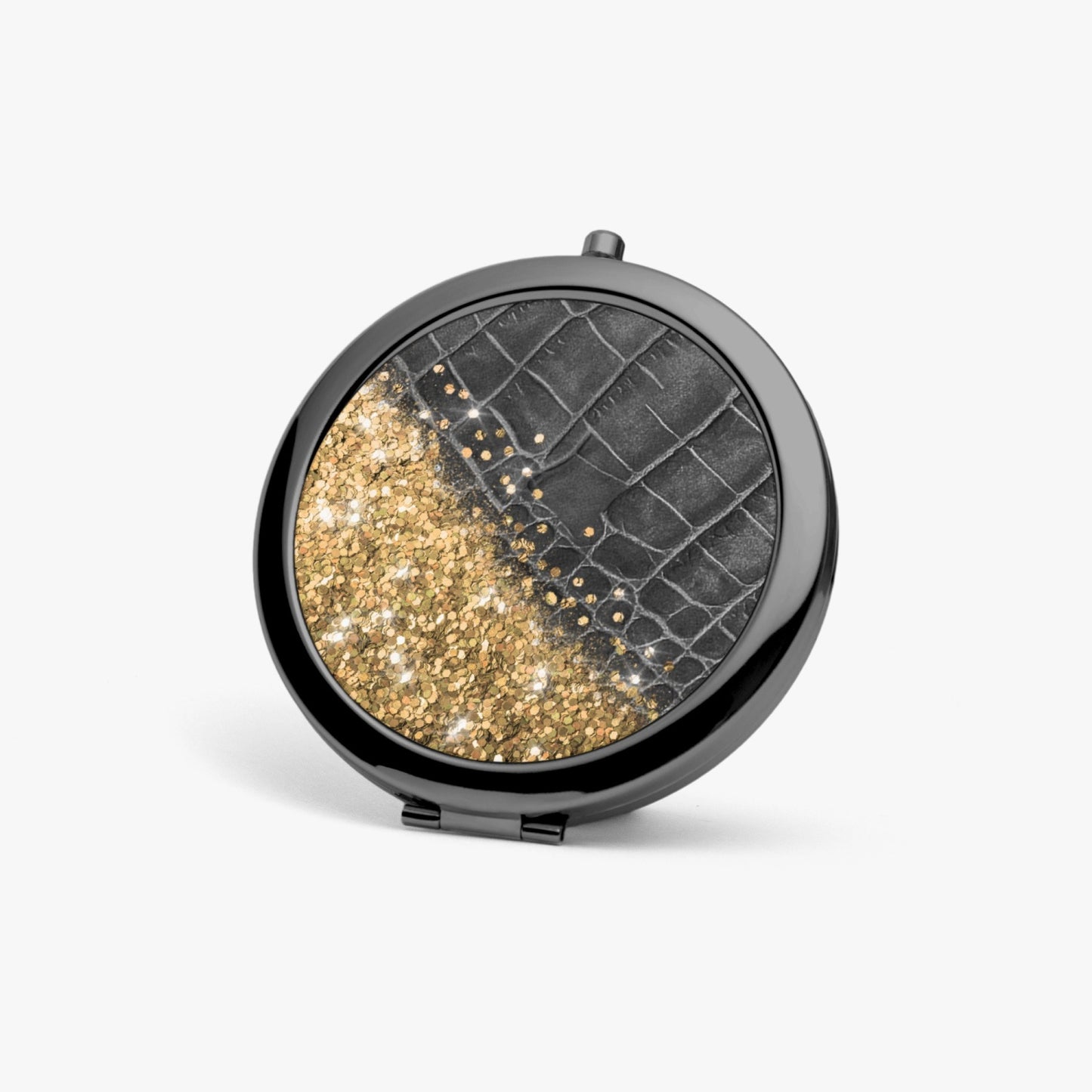 Gold Glitter & Black Leather | Compact Mirror - Kim’s Signature Beauty & Accessories    