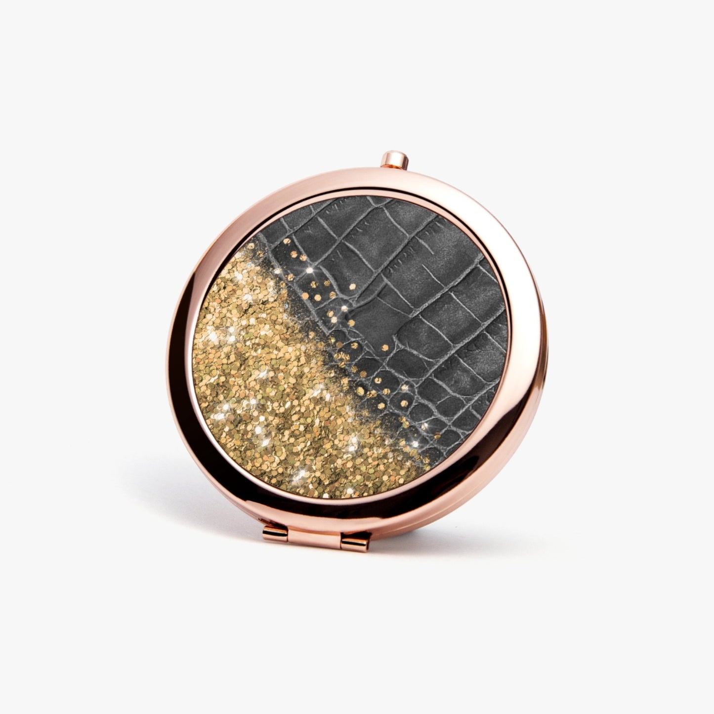 Gold Glitter & Black Leather | Compact Mirror - Kim’s Signature Beauty & Accessories    