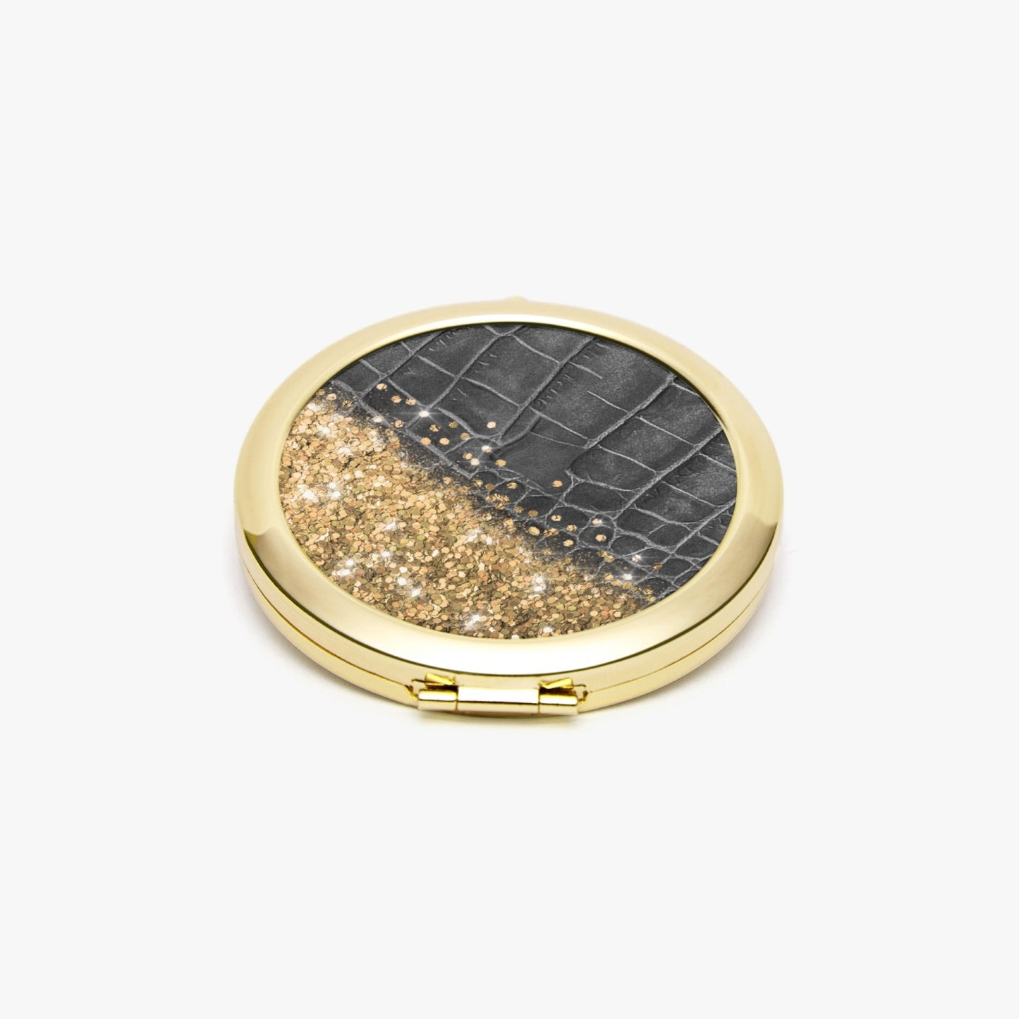 Gold Glitter & Black Leather | Compact Mirror - Kim’s Signature Beauty & Accessories    