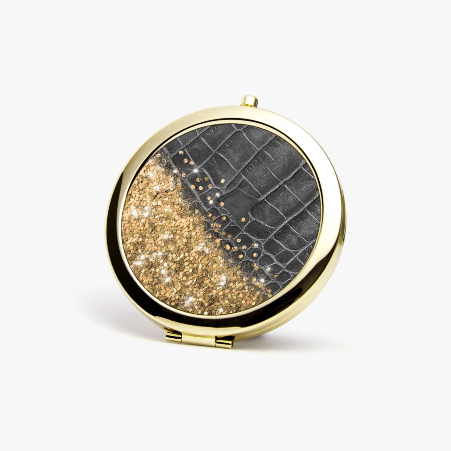 Gold Glitter & Black Leather | Compact Mirror - Kim’s Signature Beauty & Accessories    