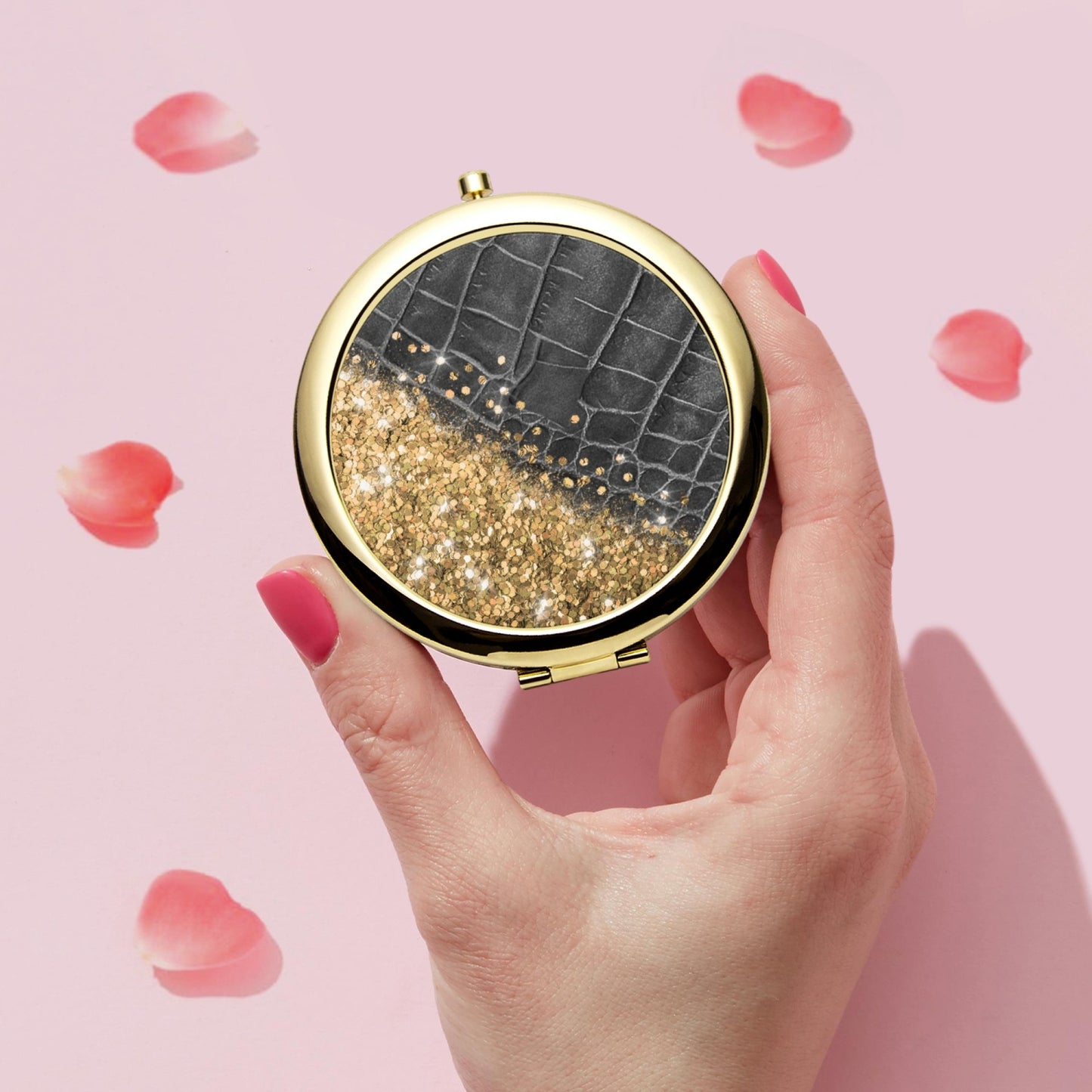 Gold Glitter & Black Leather | Compact Mirror - Kim’s Signature Beauty & Accessories    