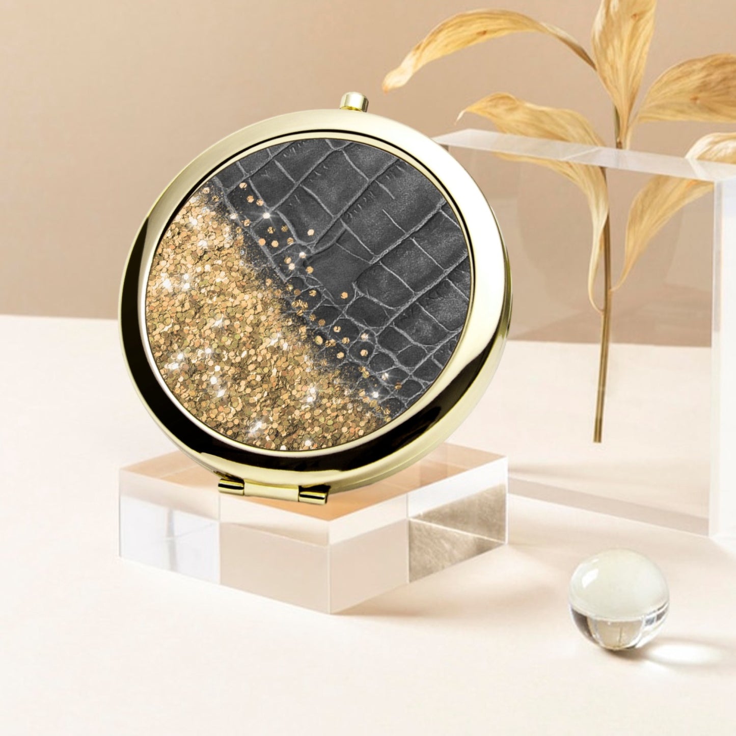 Gold Glitter & Black Leather | Compact Mirror - Kim’s Signature Beauty & Accessories    