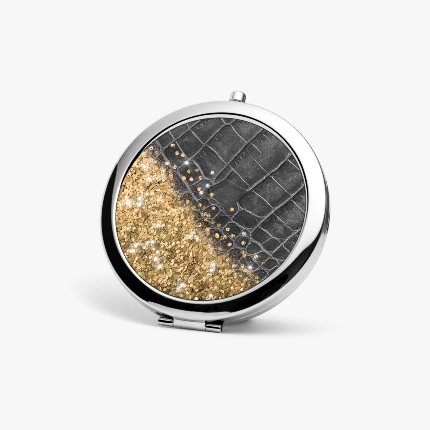 Gold Glitter & Black Leather | Compact Mirror - Kim’s Signature Beauty & Accessories    