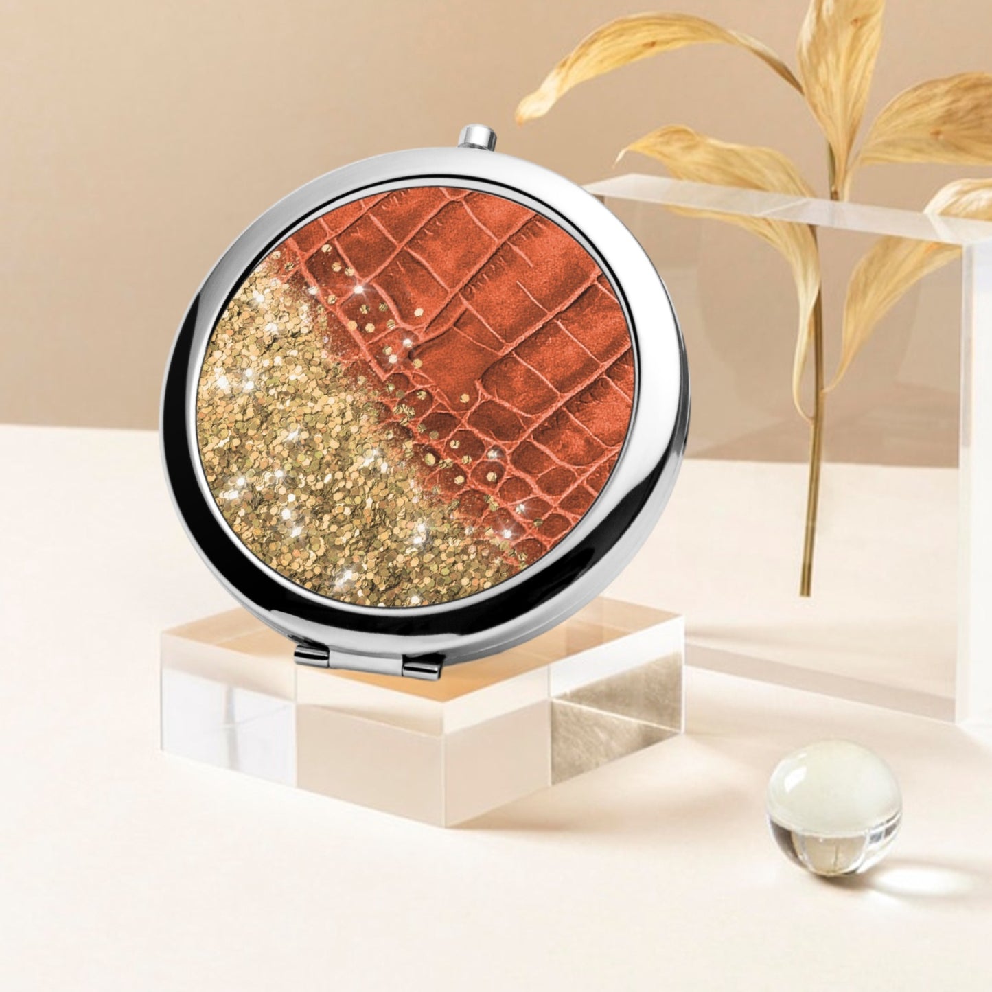 Gold Glitter & Orange Leather |  Compact Mirror - Kim’s Signature Beauty & Accessories    