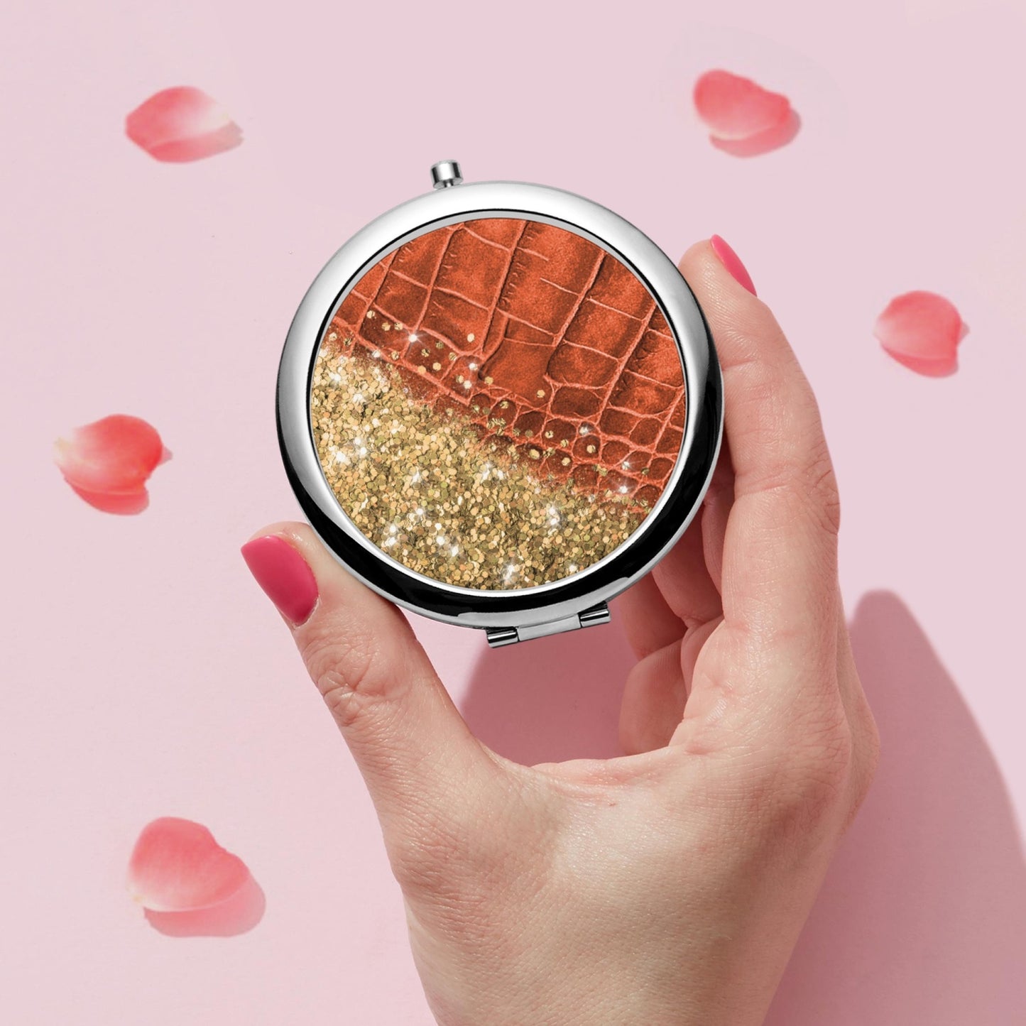 Gold Glitter & Orange Leather |  Compact Mirror - Kim’s Signature Beauty & Accessories    