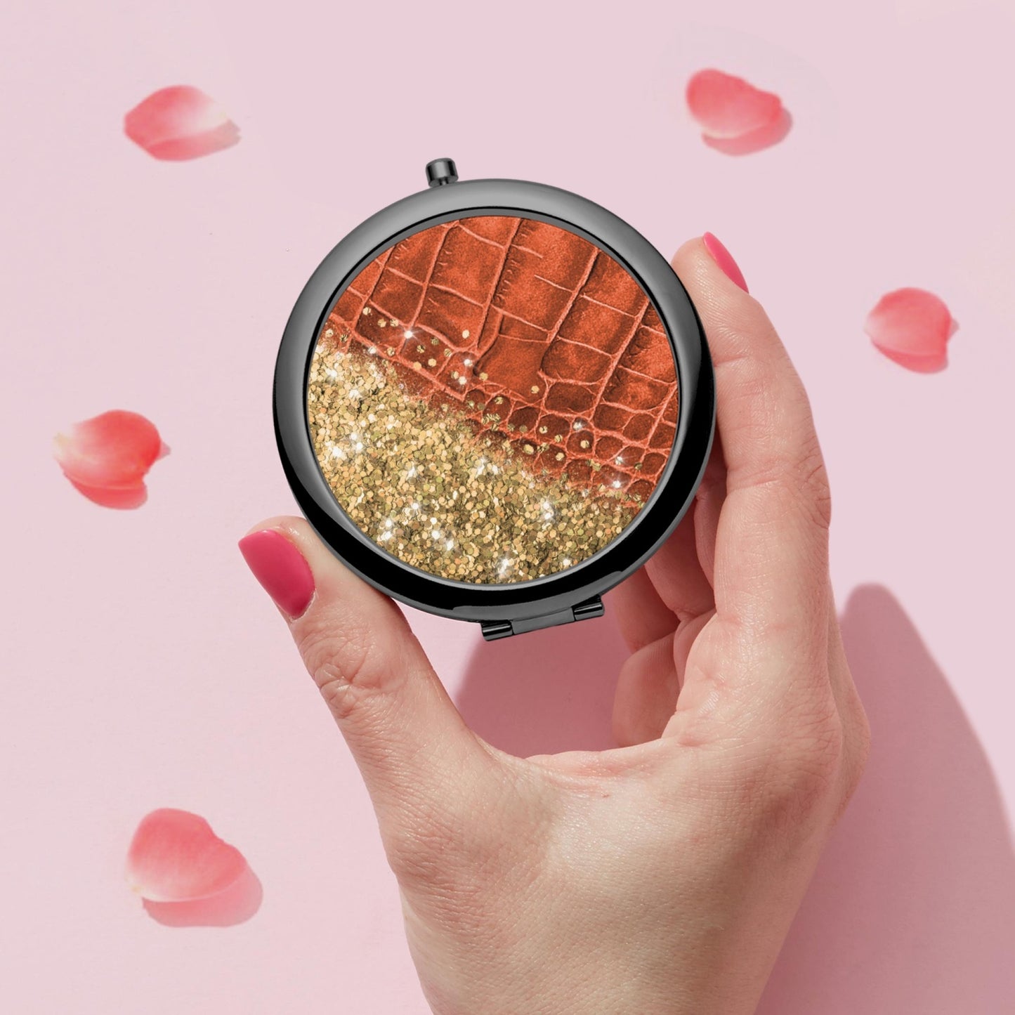 Gold Glitter & Orange Leather |  Compact Mirror - Kim’s Signature Beauty & Accessories    