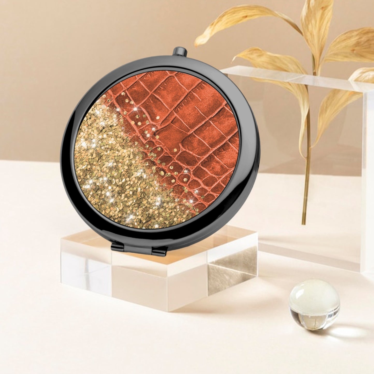 Gold Glitter & Orange Leather |  Compact Mirror - Kim’s Signature Beauty & Accessories    