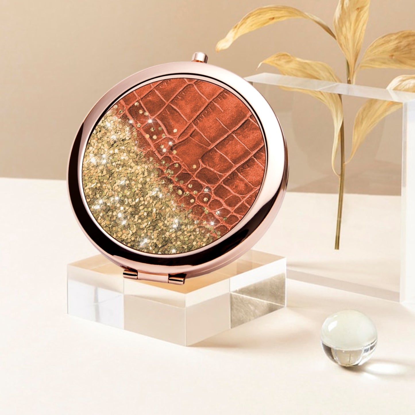 Gold Glitter & Orange Leather |  Compact Mirror - Kim’s Signature Beauty & Accessories    
