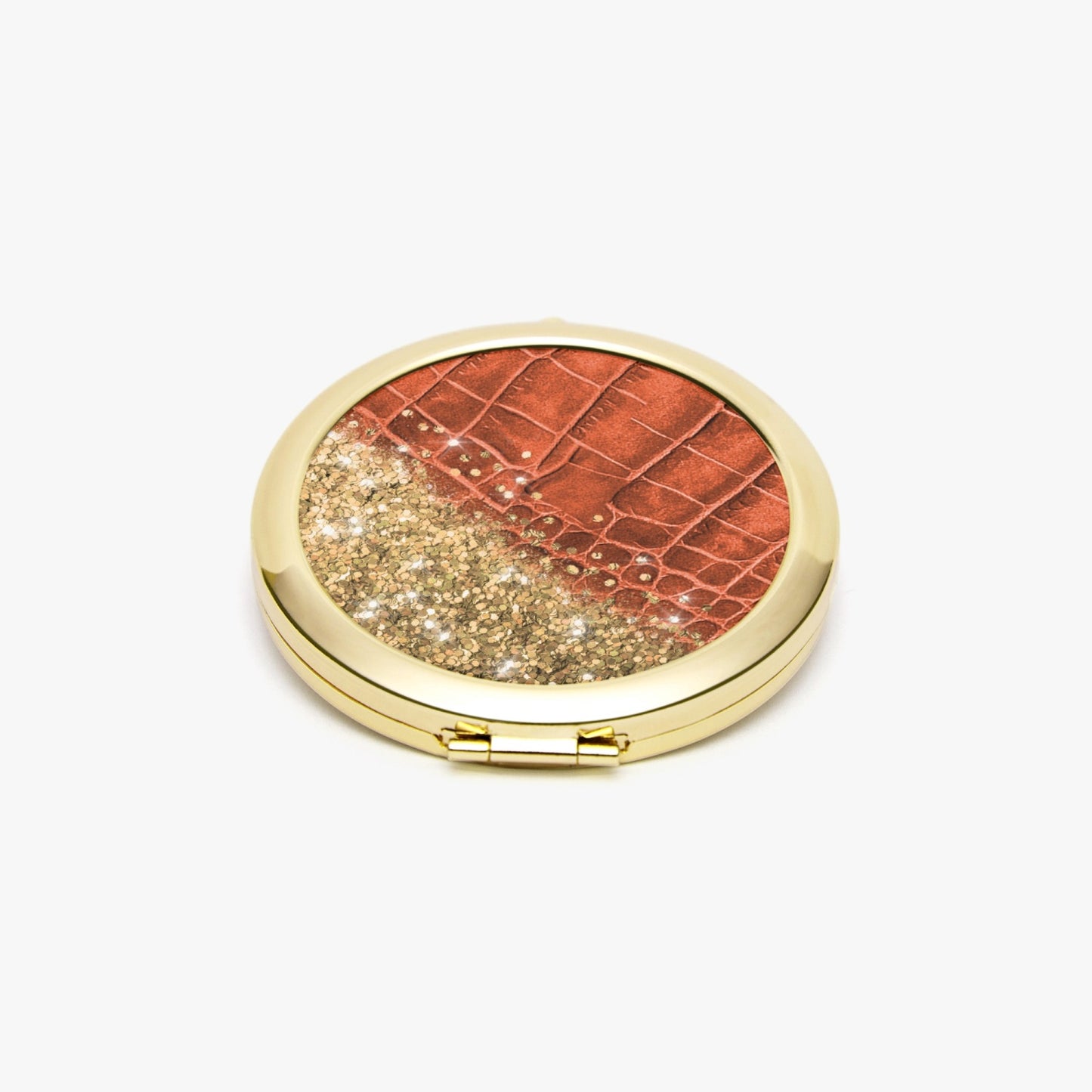 Gold Glitter & Orange Leather |  Compact Mirror - Kim’s Signature Beauty & Accessories    