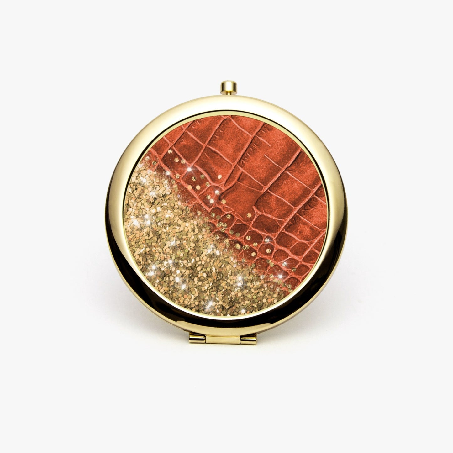 Gold Glitter & Orange Leather |  Compact Mirror - Kim’s Signature Beauty & Accessories    