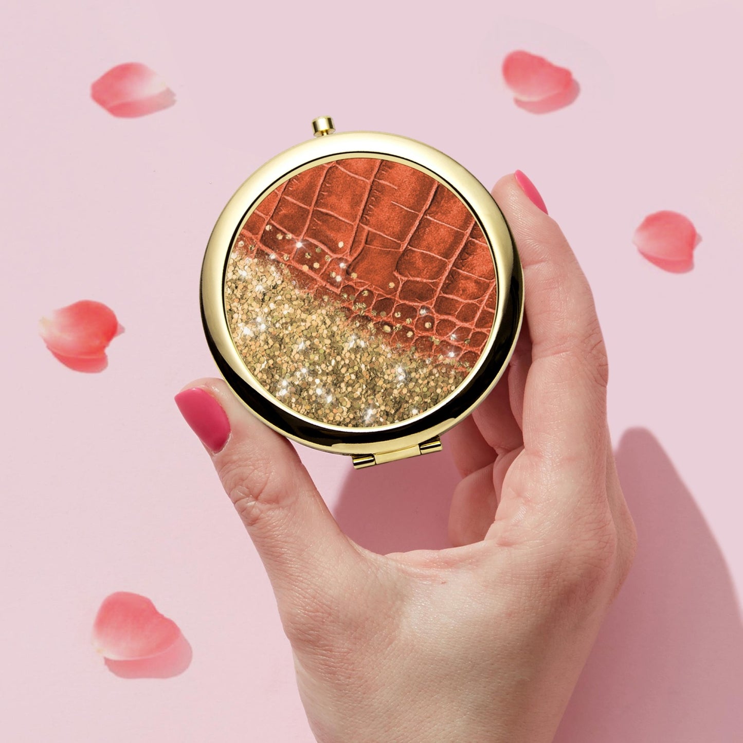 Gold Glitter & Orange Leather |  Compact Mirror - Kim’s Signature Beauty & Accessories    