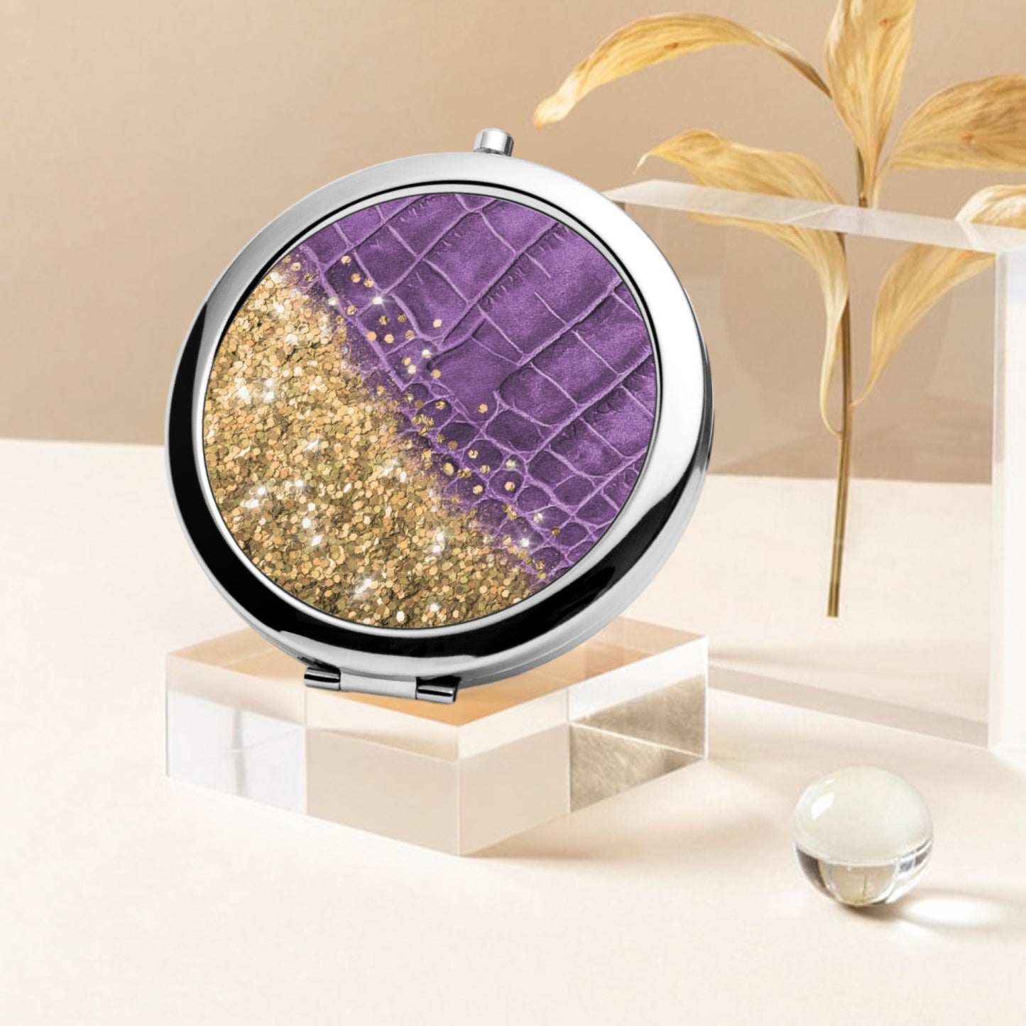 Gold Glitter & Purple Leather | Compact Mirror - Kim’s Signature Beauty & Accessories    