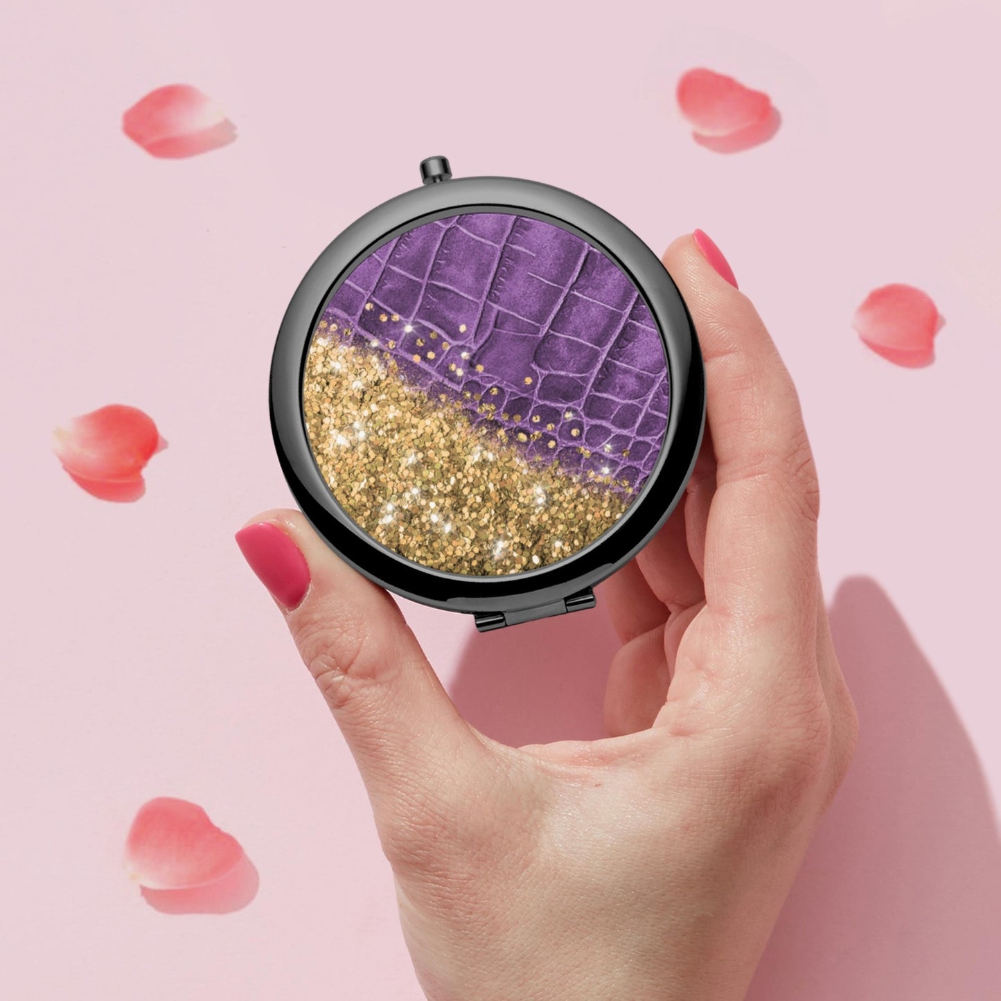Gold Glitter & Purple Leather | Compact Mirror - Kim’s Signature Beauty & Accessories    