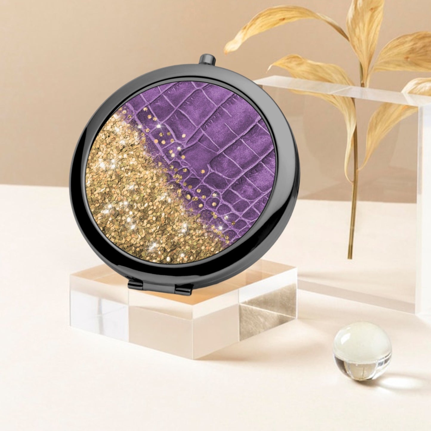 Gold Glitter & Purple Leather | Compact Mirror - Kim’s Signature Beauty & Accessories    