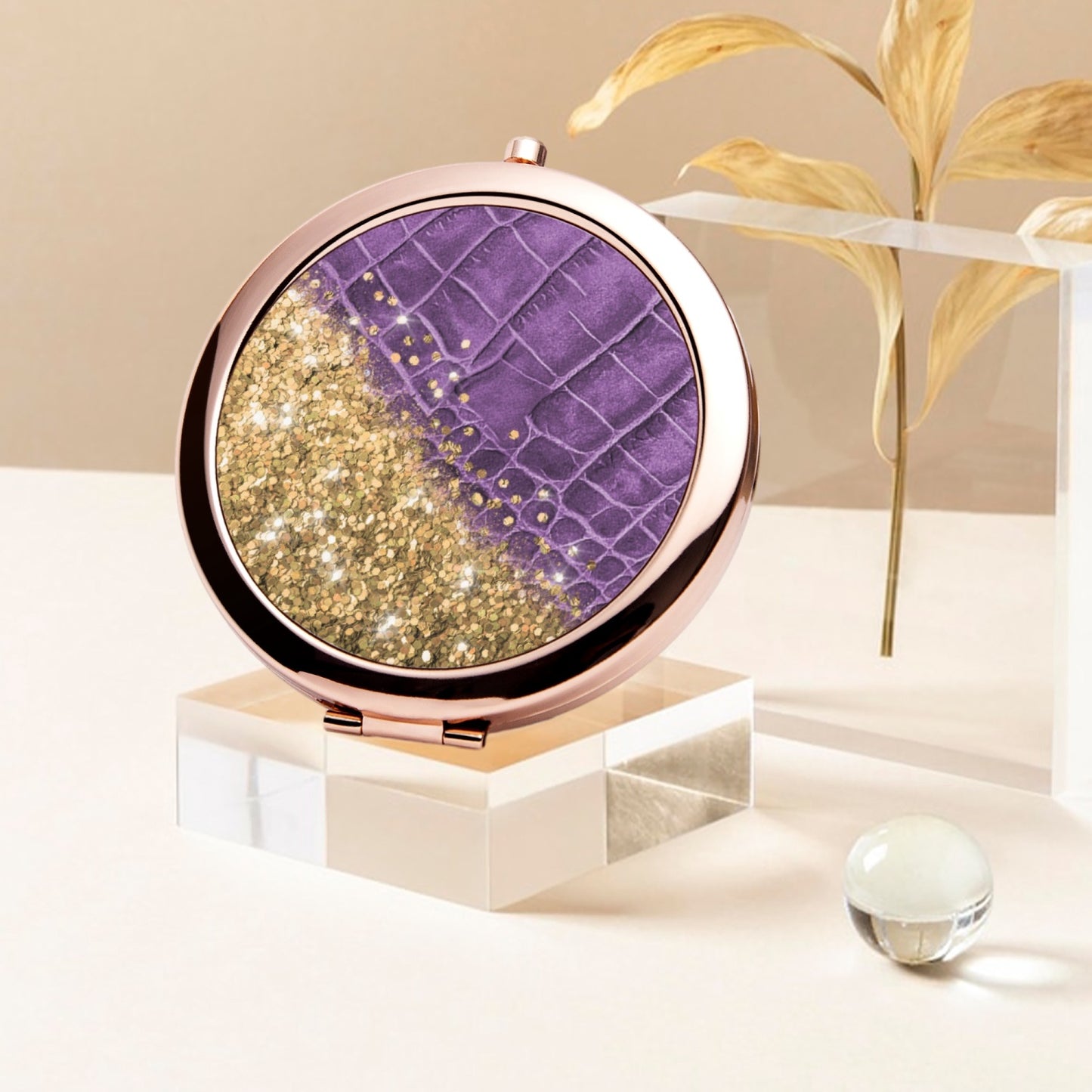 Gold Glitter & Purple Leather | Compact Mirror - Kim’s Signature Beauty & Accessories    
