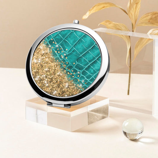 Gold Glitter & Turquoise Leather |  Compact Mirror - Kim’s Signature Beauty & Accessories    