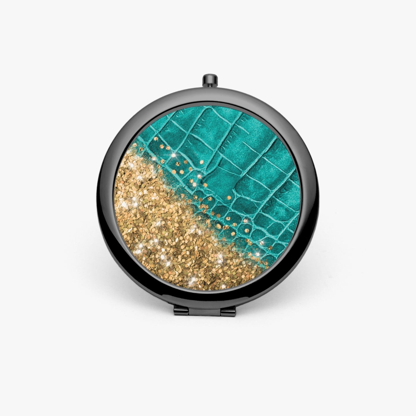 Gold Glitter & Turquoise Leather |  Compact Mirror - Kim’s Signature Beauty & Accessories    