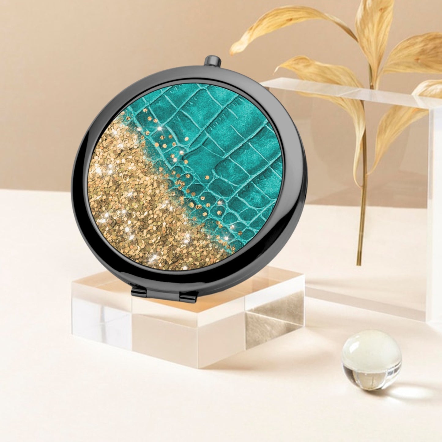 Gold Glitter & Turquoise Leather |  Compact Mirror - Kim’s Signature Beauty & Accessories    