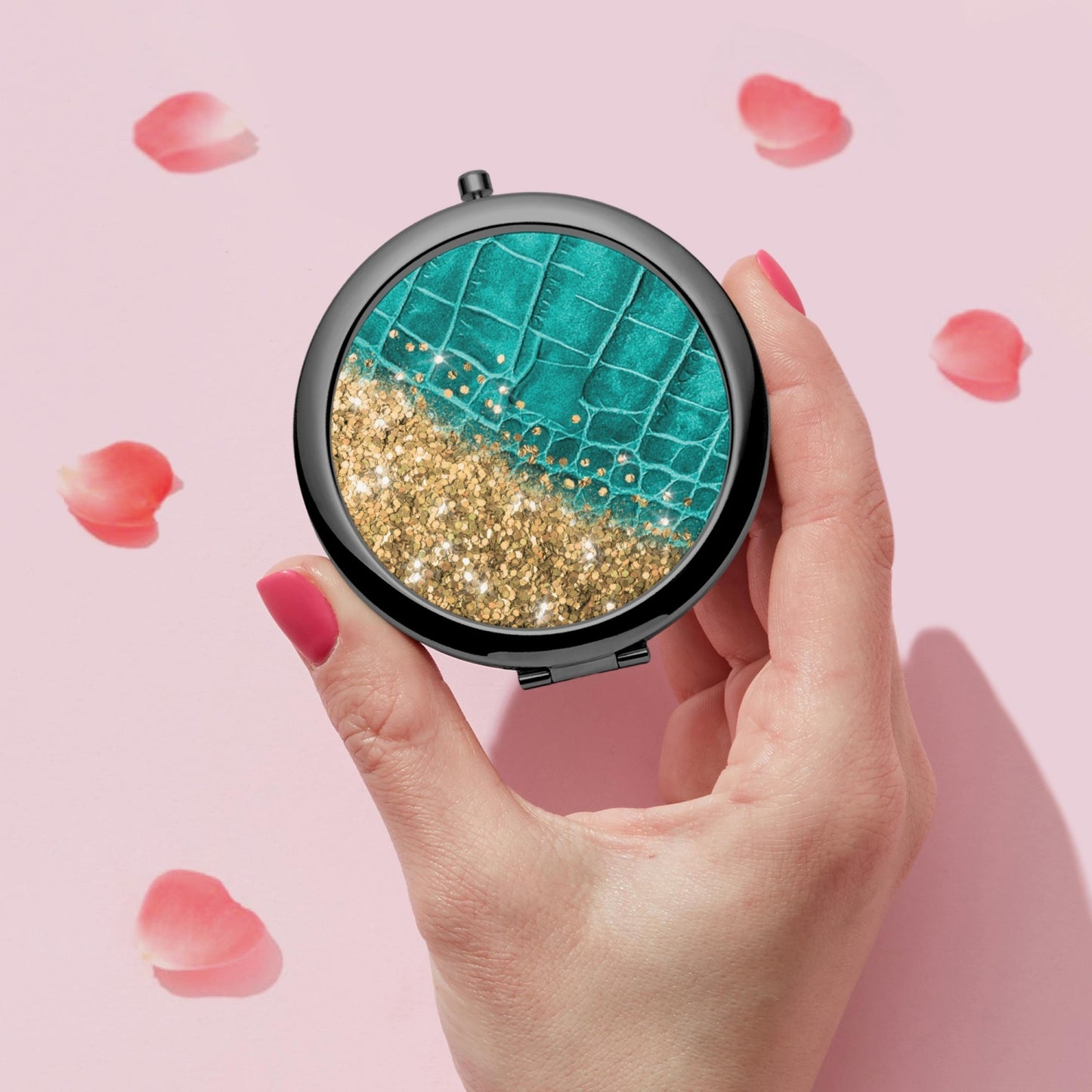 Gold Glitter & Turquoise Leather |  Compact Mirror - Kim’s Signature Beauty & Accessories    