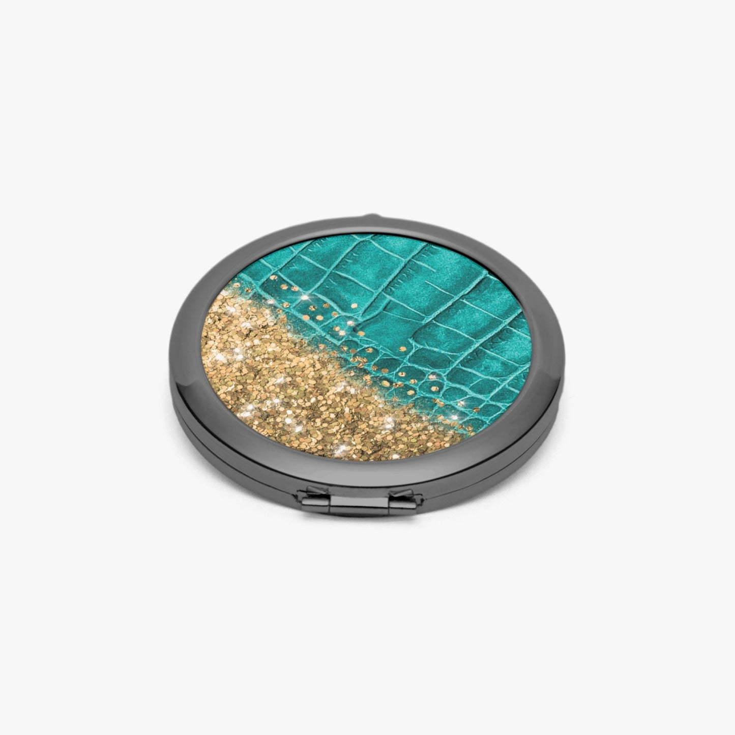 Gold Glitter & Turquoise Leather |  Compact Mirror - Kim’s Signature Beauty & Accessories    