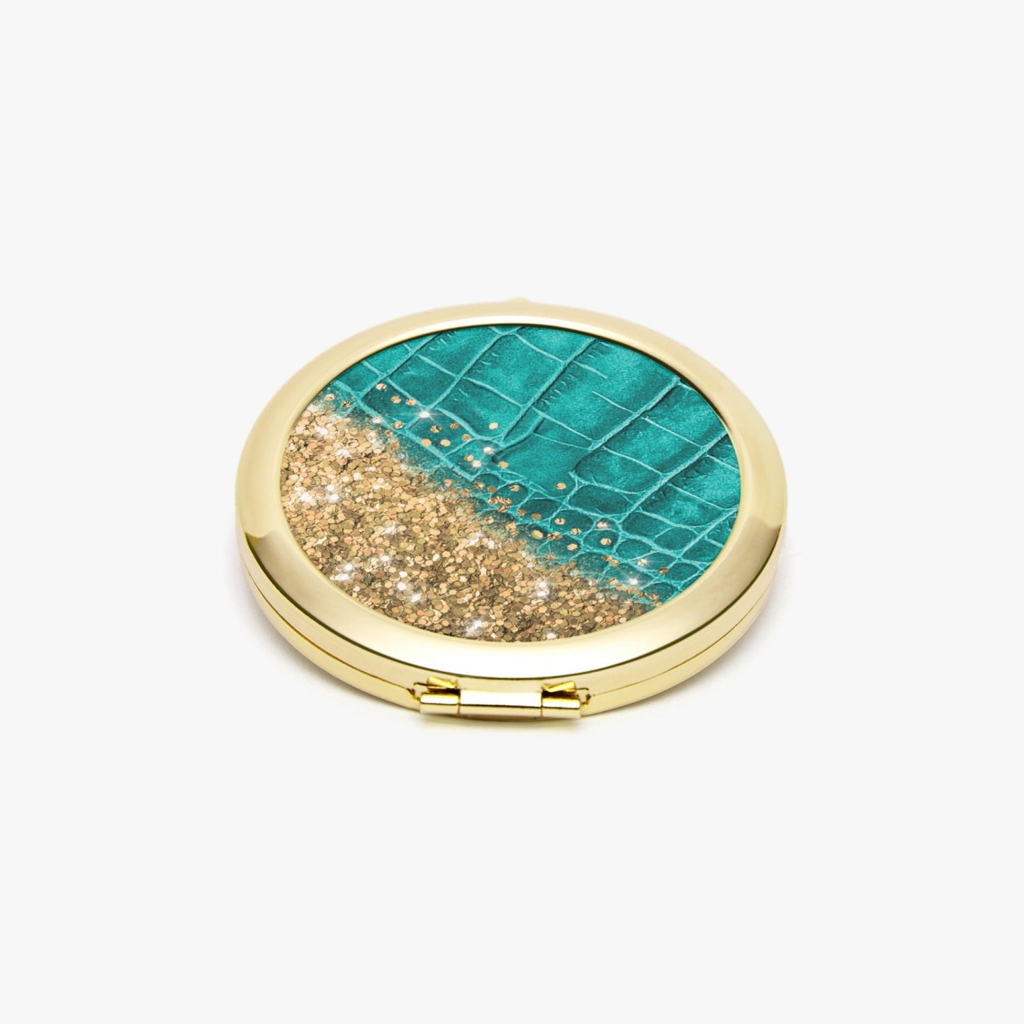 Gold Glitter & Turquoise Leather |  Compact Mirror - Kim’s Signature Beauty & Accessories    