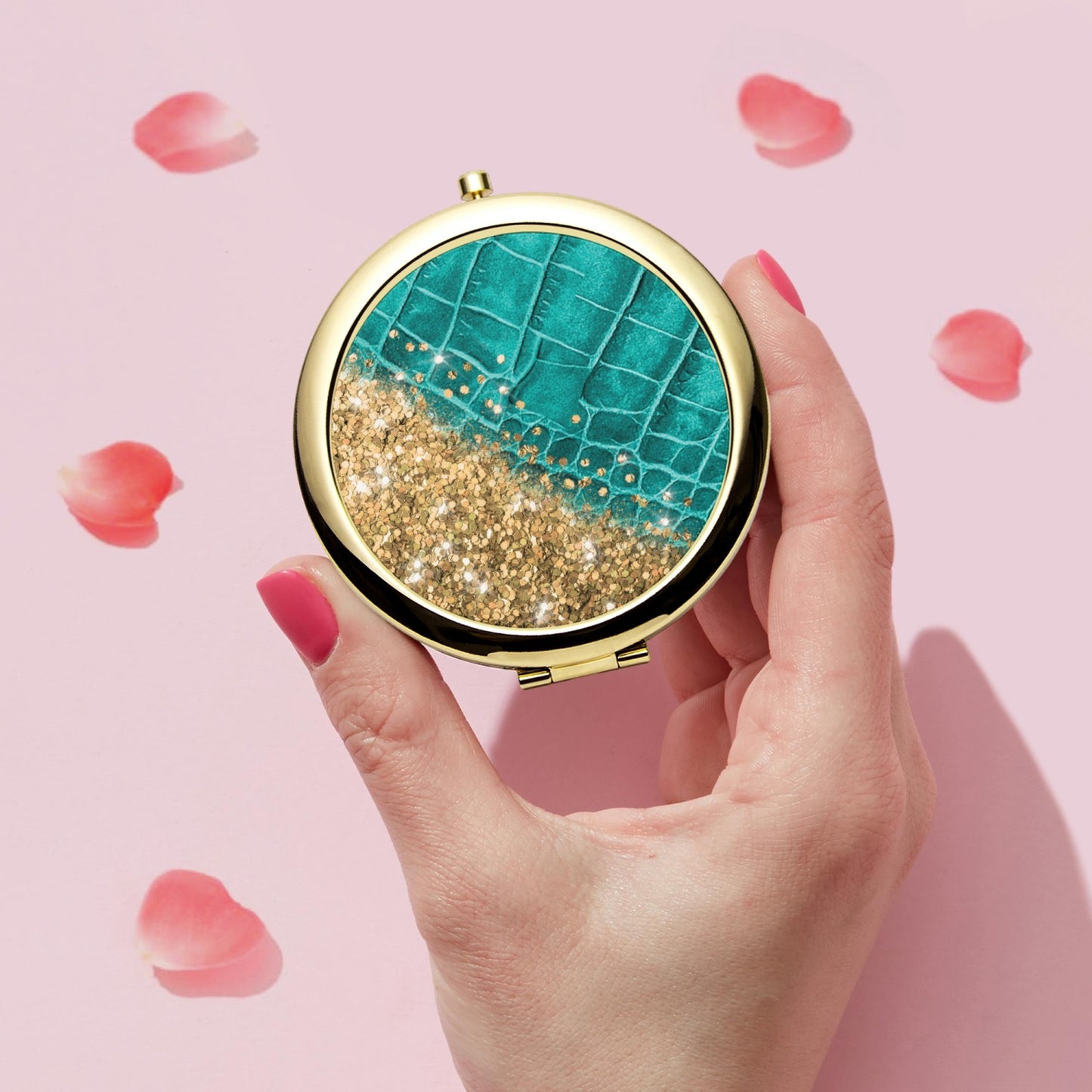 Gold Glitter & Turquoise Leather |  Compact Mirror - Kim’s Signature Beauty & Accessories    