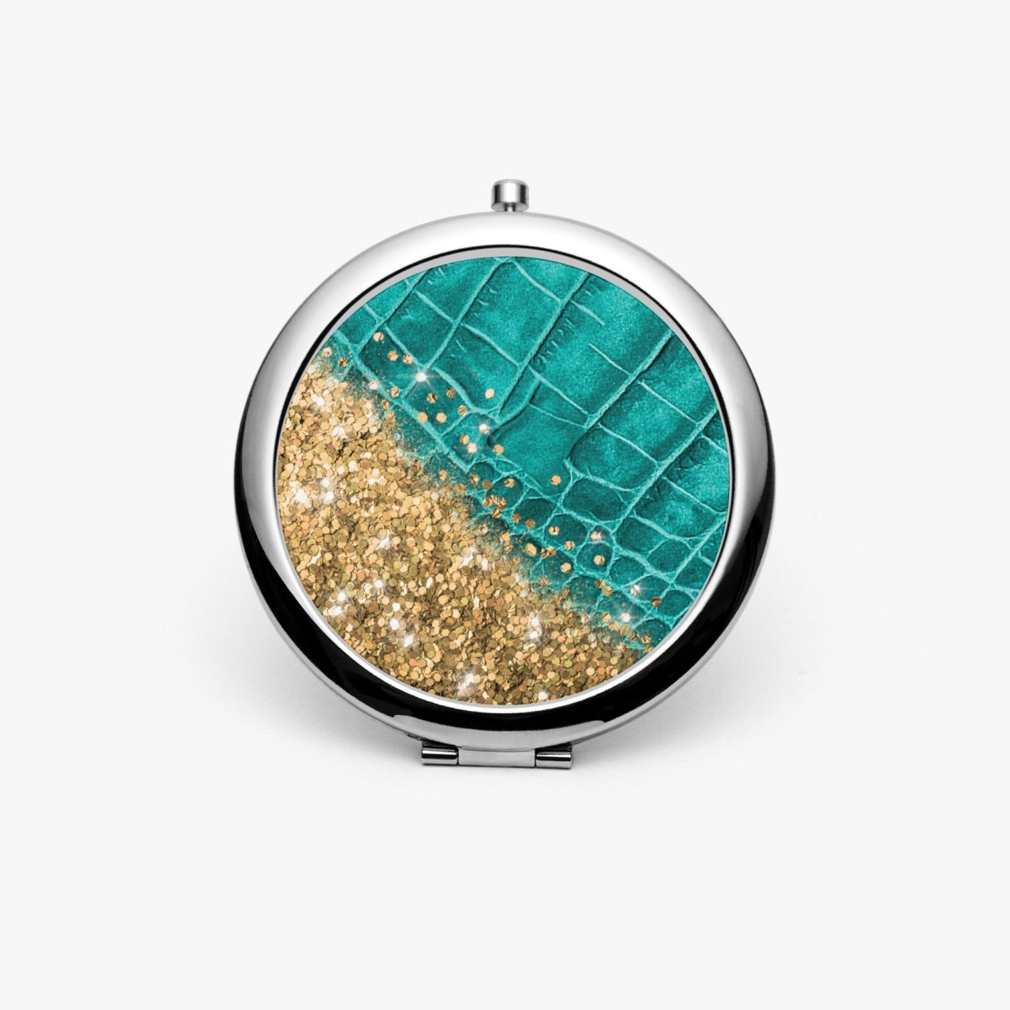 Gold Glitter & Turquoise Leather |  Compact Mirror - Kim’s Signature Beauty & Accessories    