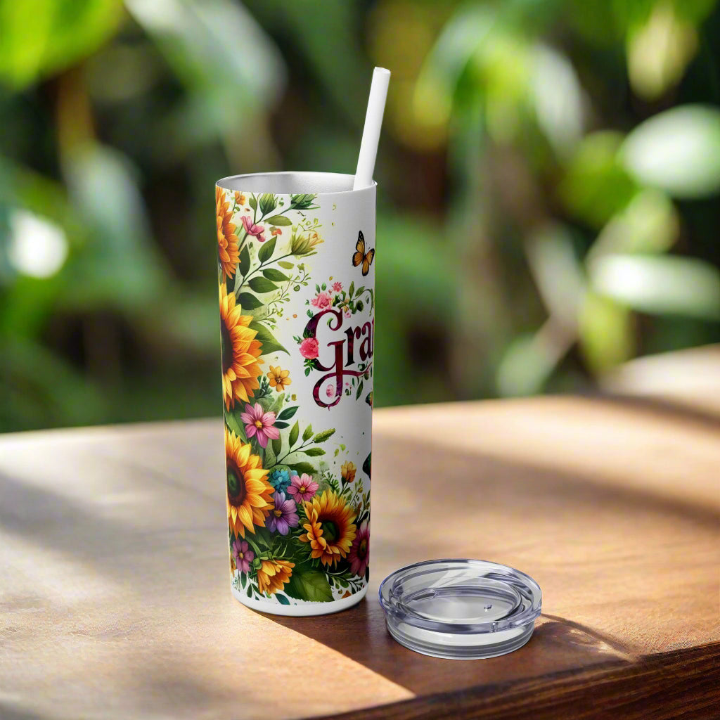 Grandma Floral Sunflower Skinny Tumbler with Straw - 20oz - Kim’s Signature Beauty & Accessories    
