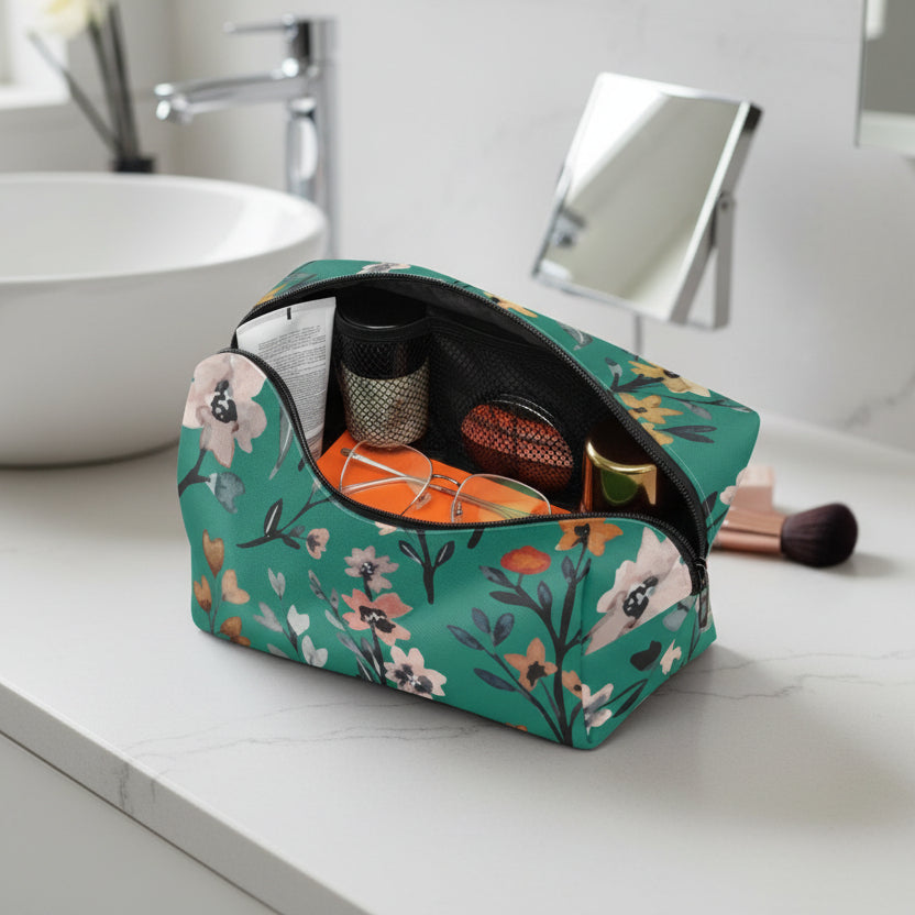 Green Floral Boxy Makeup Bag - Kim’s Signature Beauty & Accessories    
