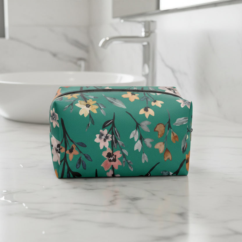 Green Floral Boxy Makeup Bag - Kim’s Signature Beauty & Accessories    