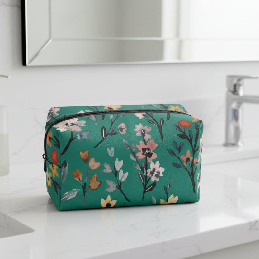 Green Floral Boxy Makeup Bag - Kim’s Signature Beauty & Accessories    