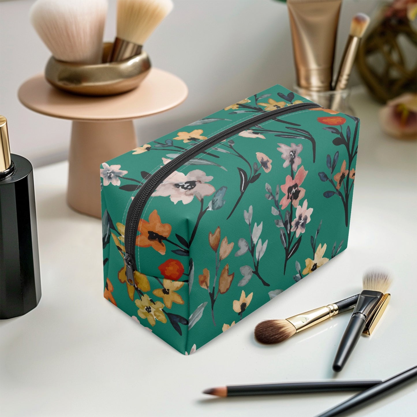 Green Floral Boxy Makeup Bag - Kim’s Signature Beauty & Accessories    