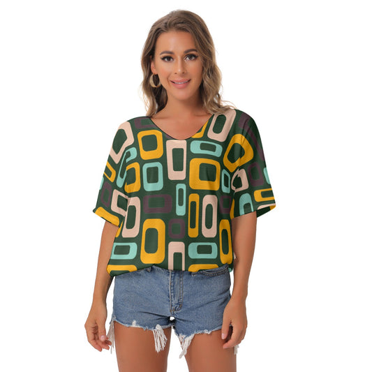 Green Retro V-Neck Blouse - Kim’s Signature Beauty & Accessories    