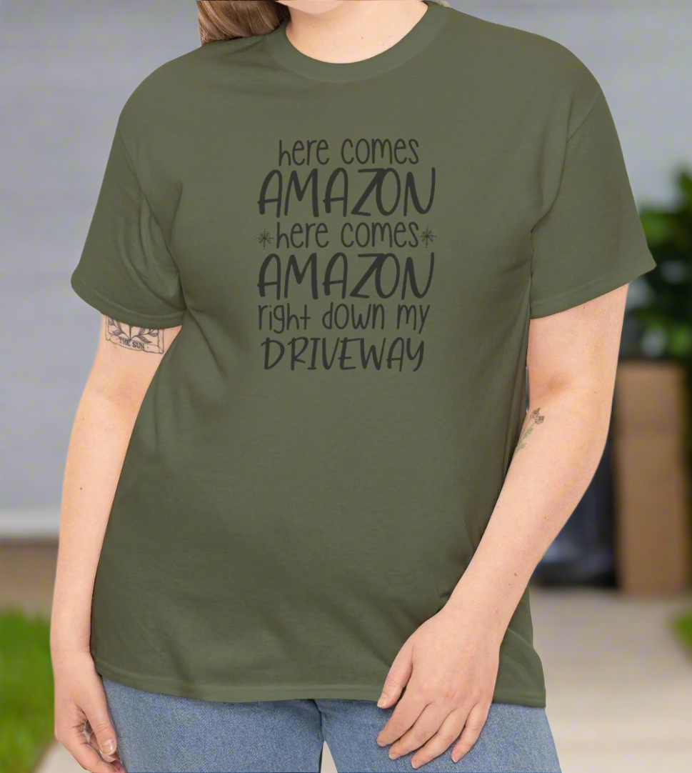 Here Comes Amazon T-Shirt - Funny Online Shopping Tee - Kim’s Signature Beauty & Accessories    