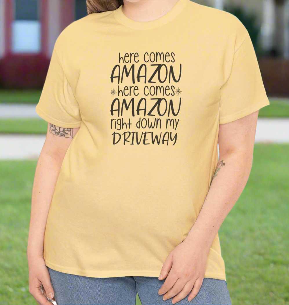 Here Comes Amazon T-Shirt - Funny Online Shopping Tee - Kim’s Signature Beauty & Accessories    
