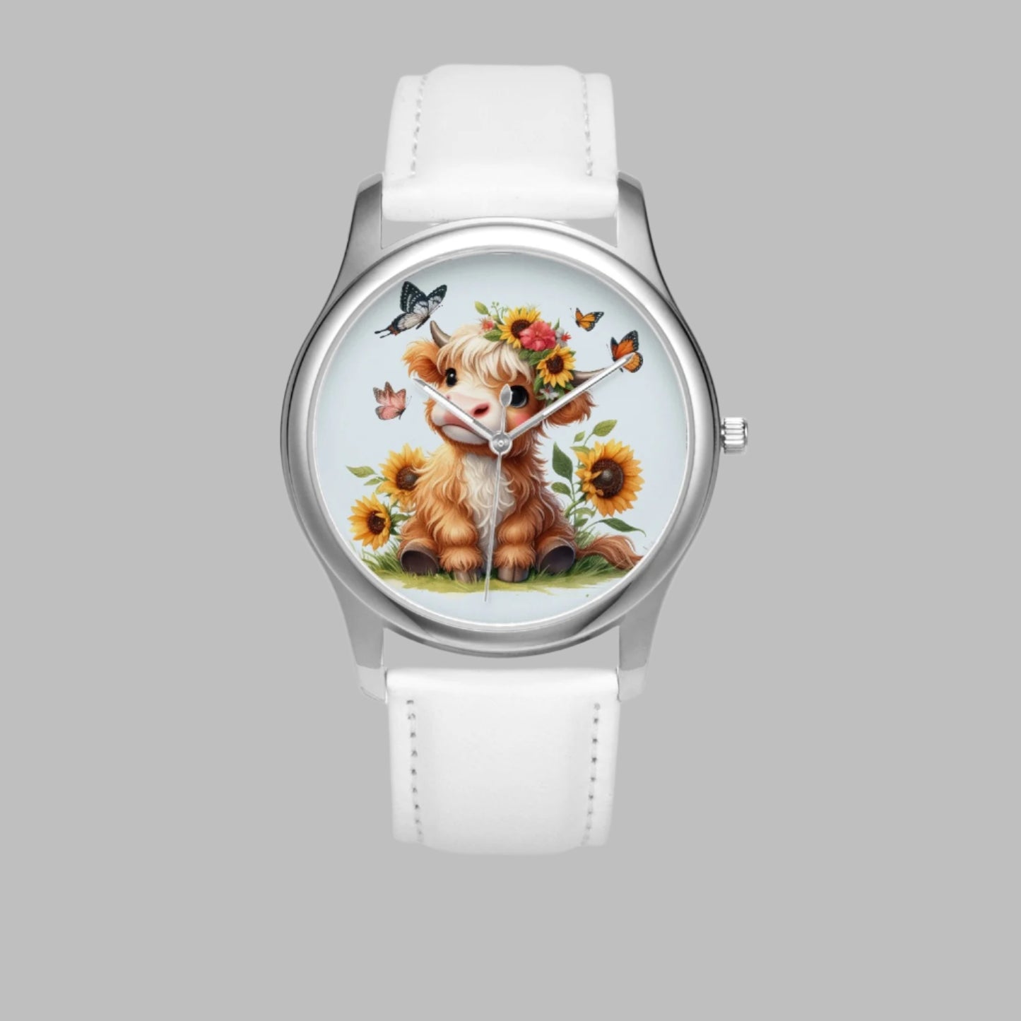 Highland Cow :Stylish Leather Strap Classic Quartz Watch (Silver) - Kim’s Signature Beauty & Accessories    