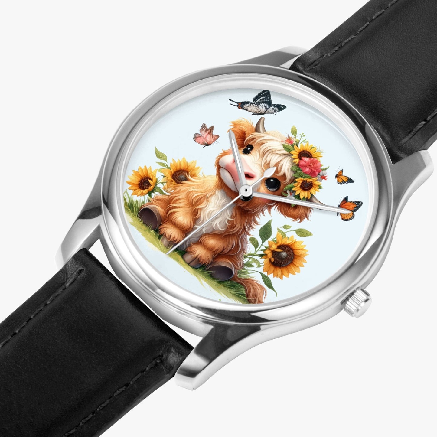 Highland Cow :Stylish Leather Strap Classic Quartz Watch (Silver) - Kim’s Signature Beauty & Accessories    