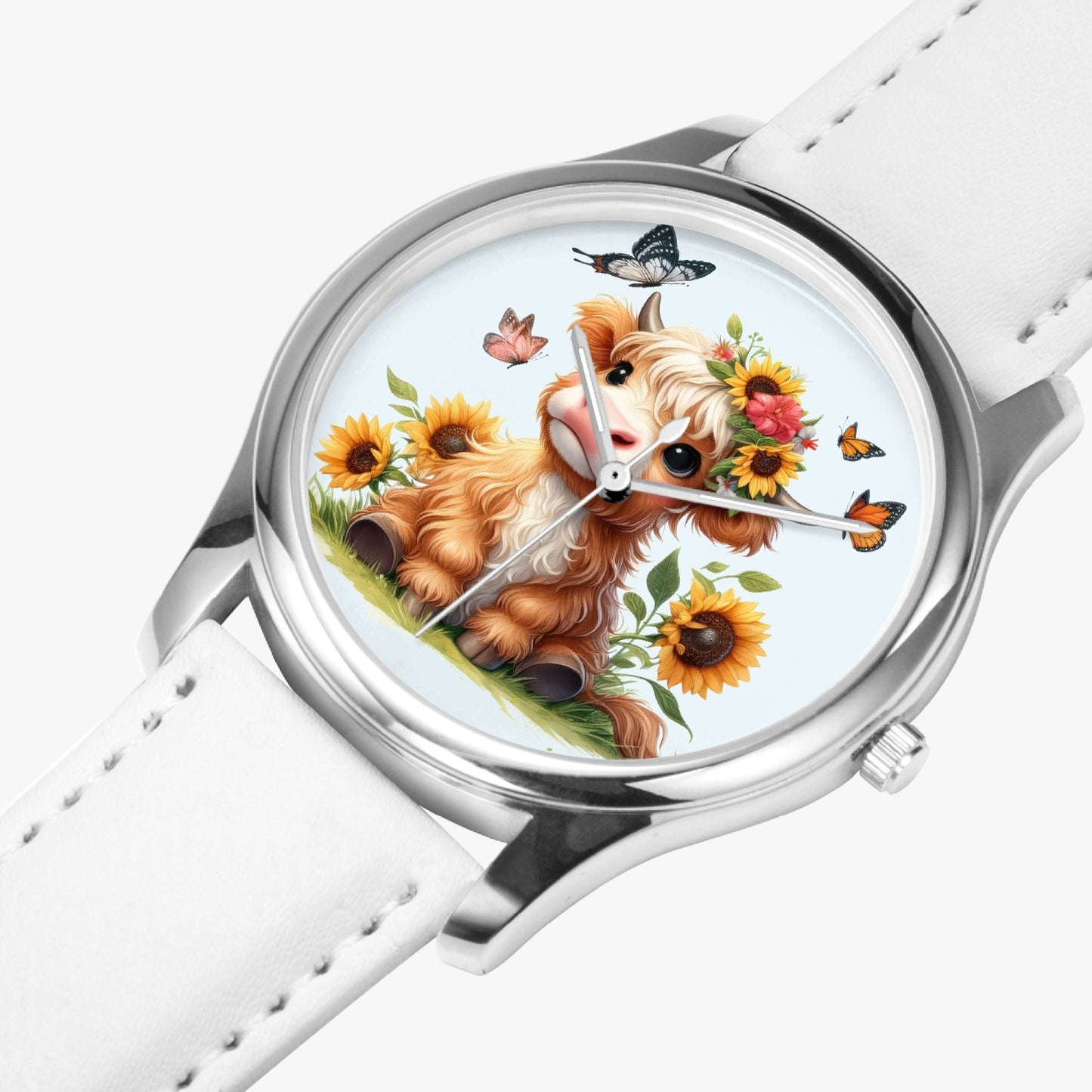 Highland Cow :Stylish Leather Strap Classic Quartz Watch (Silver) - Kim’s Signature Beauty & Accessories    
