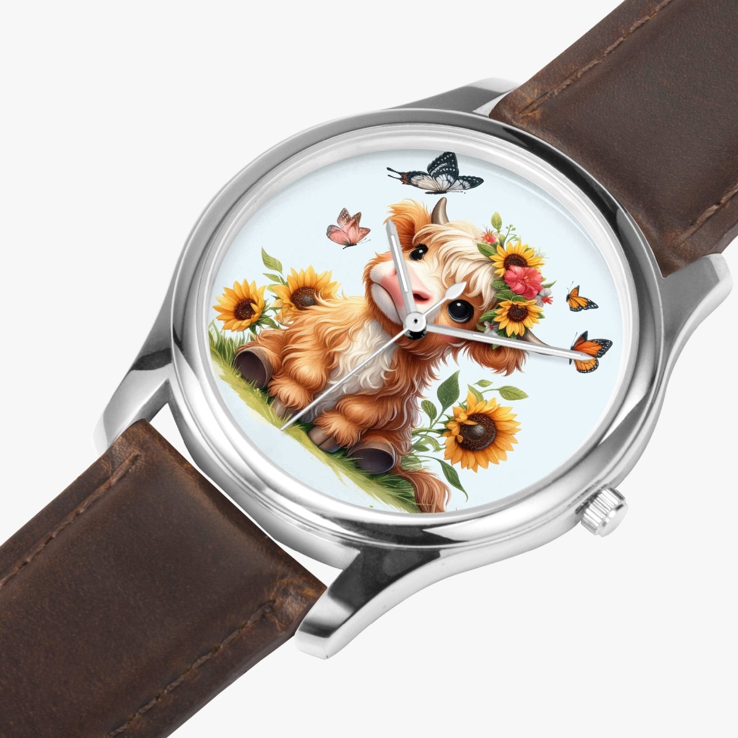 Highland Cow :Stylish Leather Strap Classic Quartz Watch (Silver) - Kim’s Signature Beauty & Accessories    