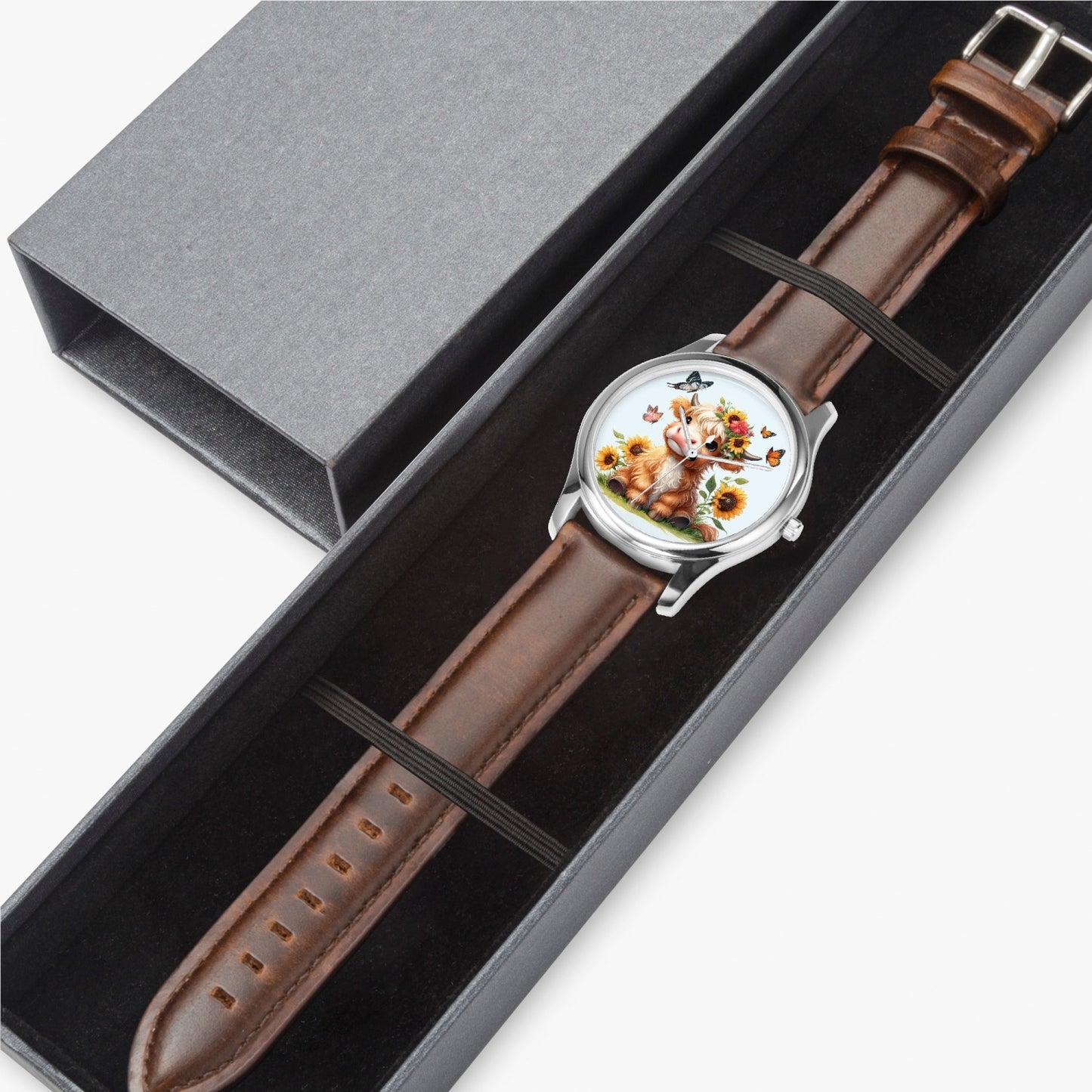 Highland Cow :Stylish Leather Strap Classic Quartz Watch (Silver) - Kim’s Signature Beauty & Accessories    