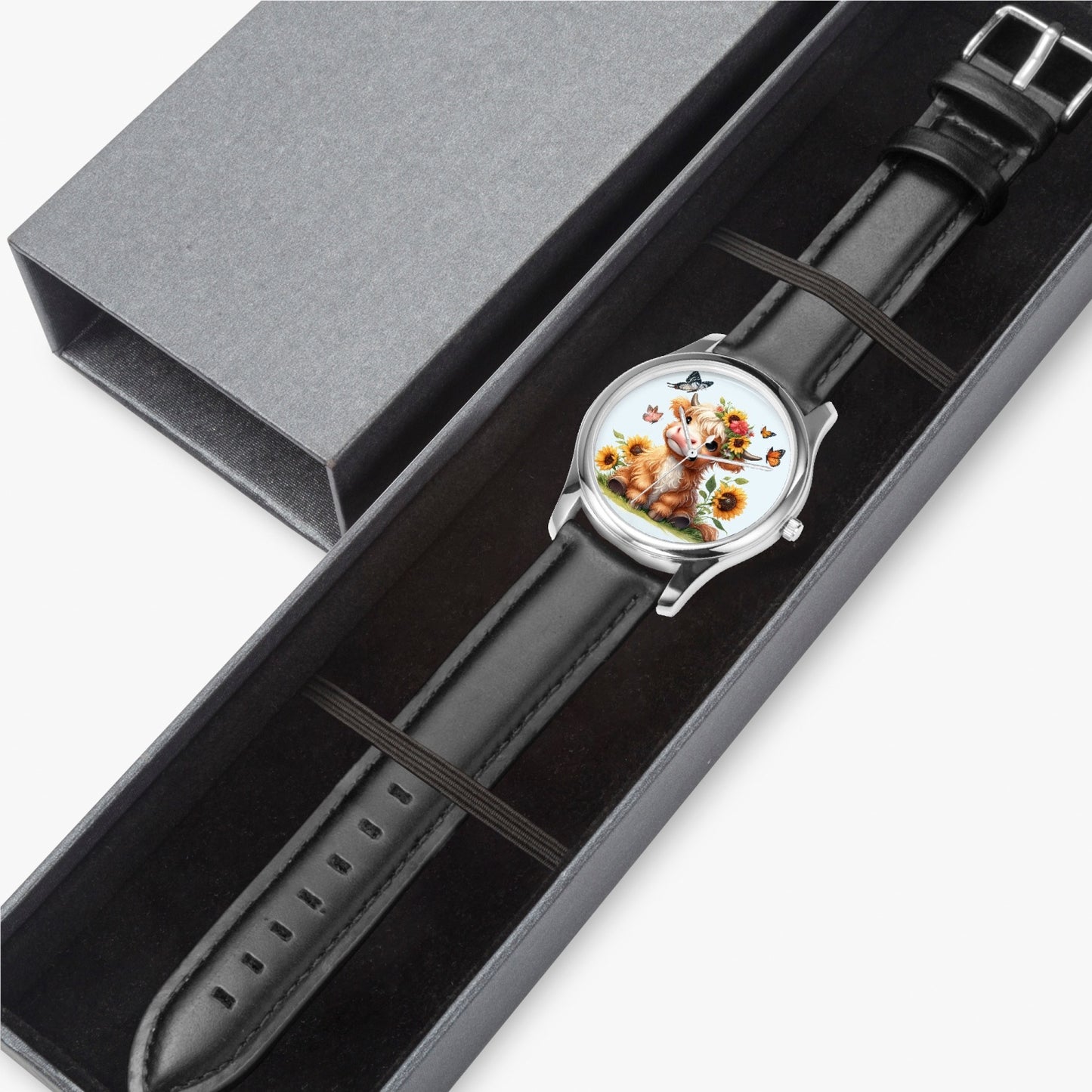 Highland Cow :Stylish Leather Strap Classic Quartz Watch (Silver) - Kim’s Signature Beauty & Accessories    