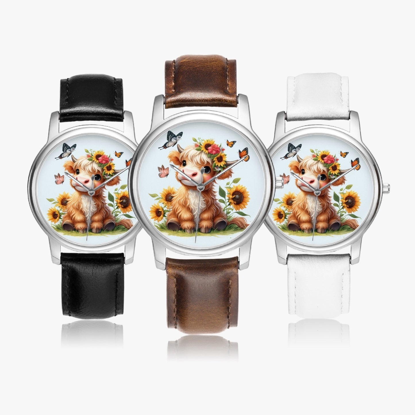 Highland Cow :Stylish Leather Strap Classic Quartz Watch (Silver) - Kim’s Signature Beauty & Accessories    