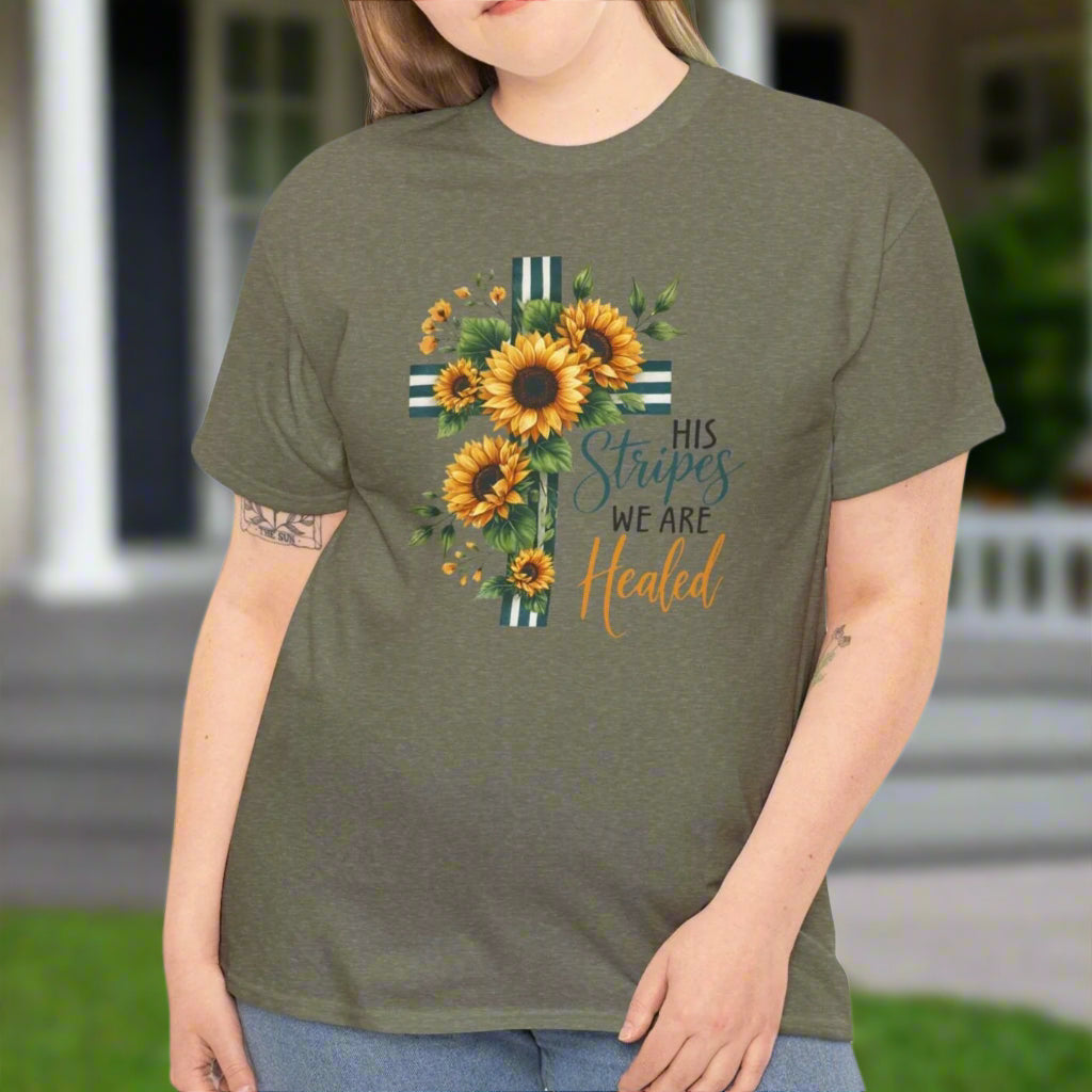 His Stripes We Are Healed – Sunflower Cross Faith Tee - Kim’s Signature Beauty & Accessories    