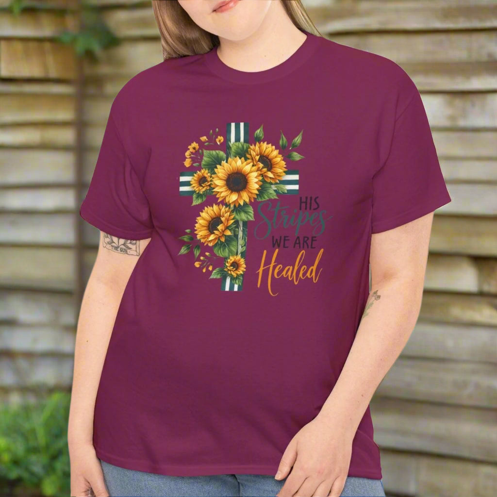 His Stripes We Are Healed – Sunflower Cross Faith Tee - Kim’s Signature Beauty & Accessories    