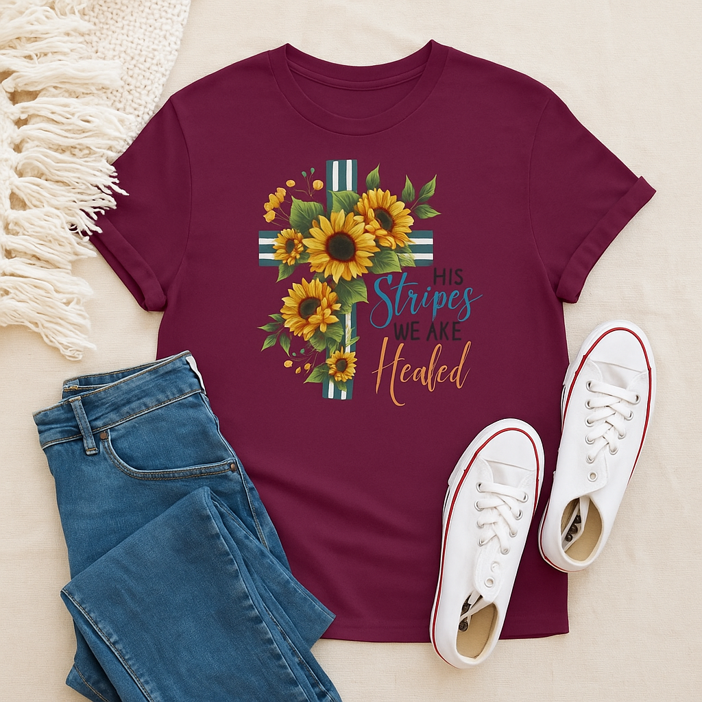 His Stripes We Are Healed – Sunflower Cross Faith Tee - Kim’s Signature Beauty & Accessories    