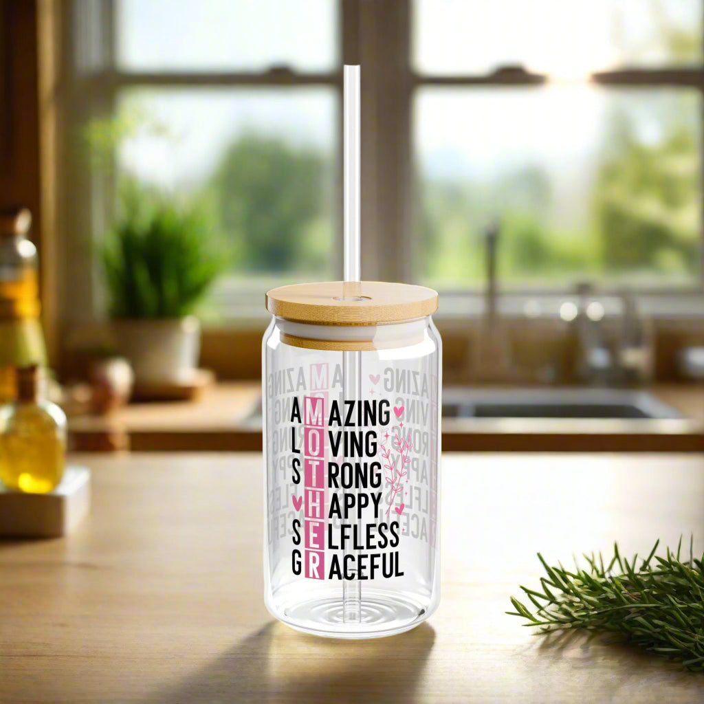 Inspirational MOTHER Acronym Sipper Glass – 16oz with Bamboo Lid & Straw - Kim’s Signature Beauty & Accessories    
